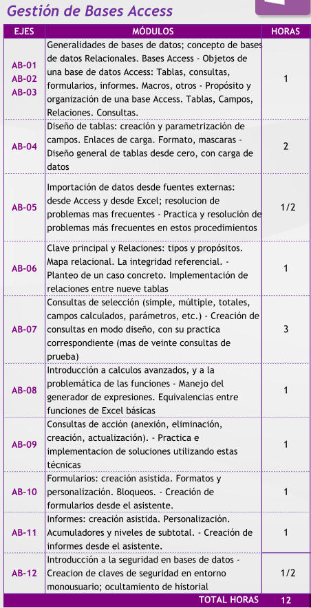 Gestión de Bases Access EJES MÓDULOS HORAS AB-01 AB-02 AB-03 Generalidades de bases de datos; concepto de bases  de datos Relacionales. Bases Access - Objetos de  una base de datos Access: Tablas, consultas,  formularios, informes. Macros, otros - Propósito y  organización de una base Access. Tablas, Campos,  Relaciones. Consultas. 1     AB-04 Diseño de tablas: creación y parametrización de  campos. Enlaces de carga. Formato, mascaras -  Diseño general de tablas desde cero, con carga de  datos 2     AB-05 Importación de datos desde fuentes externas:  desde Access y desde Excel; resolucion de  problemas mas frecuentes - Practica y resolución de  problemas más frecuentes en estos procedimientos  1/2 AB-06 Clave principal y Relaciones: tipos y propósitos.  Mapa relacional. La integridad referencial. -  Planteo de un caso concreto. Implementación de  relaciones entre nueve tablas 1     AB-07 Consultas de selección (simple, múltiple, totales,  campos calculados, parámetros, etc.) - Creación de  consultas en modo diseño, con su practica  correspondiente (mas de veinte consultas de  prueba) 3     AB-08 Introducción a calculos avanzados, y a la  problemática de las funciones - Manejo del  generador de expresiones. Equivalencias entre  funciones de Excel básicas 1     AB-09 Consultas de acción (anexión, eliminación,  creación, actualización). - Practica e  implementacion de soluciones utilizando estas  técnicas 1     AB-10 Formularios: creación asistida. Formatos y  personalización. Bloqueos. - Creación de  formularios desde el asistente. 1     AB-11 Informes: creación asistida. Personalización.  Acumuladores y niveles de subtotal. - Creación de  informes desde el asistente. 1     AB-12 Introducción a la seguridad en bases de datos -  Creacion de claves de seguridad en entorno  monousuario; ocultamiento de historial  1/2 12     TOTAL HORAS